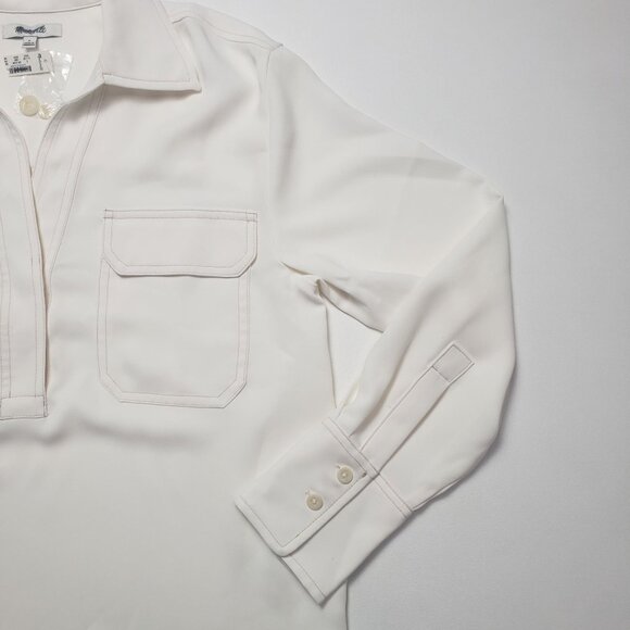 Madewell Contrast-Stitch Popover Shirt Women Small Winter White Crepe Blouse NWD - Picture 15 of 16